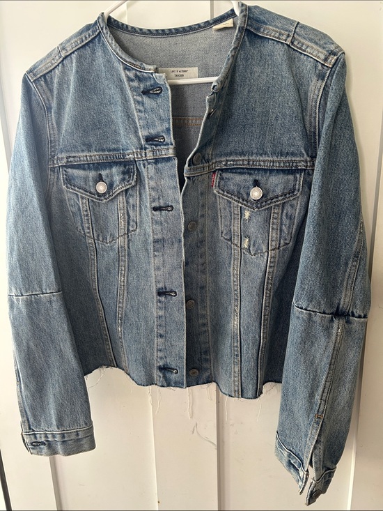 Levi's Jackets & Blazers - Levi's Altered Trucker L Distressed Light Blue Collarless Denim Jacket
